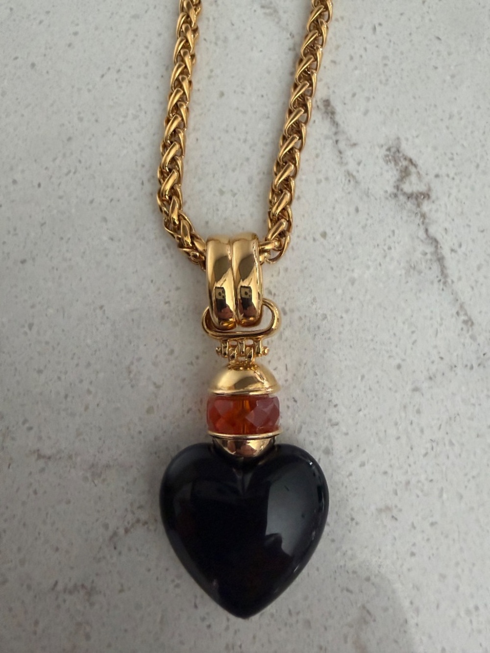 Joan Rivers Gold Tone Robe Style Necklace with Pendant Brown Heart & Amber Bead